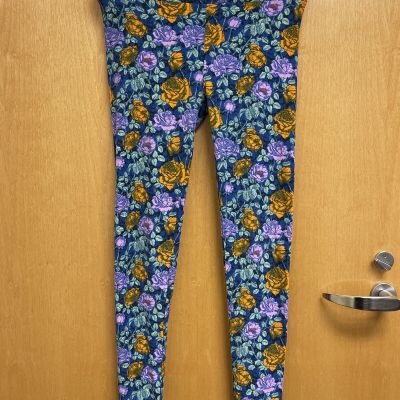 lularoe leggings women's one size blue with purple and orange flowers floral